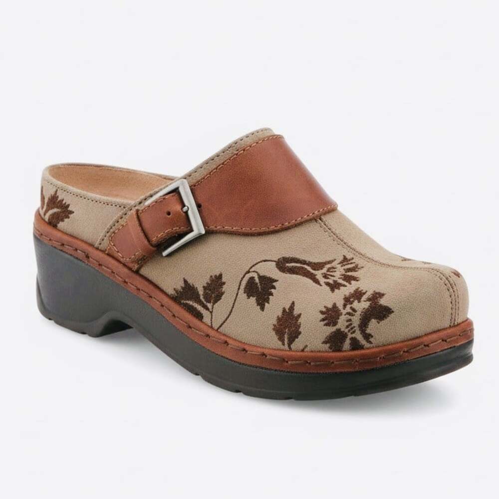 Klogs Austin Clogs 9W Brown Leather Embroidered Floral Chunky Womens Mules
